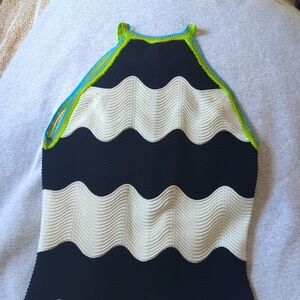 Rare Ronny Kobo black, white, green striped crochet knit maxi dress sz M